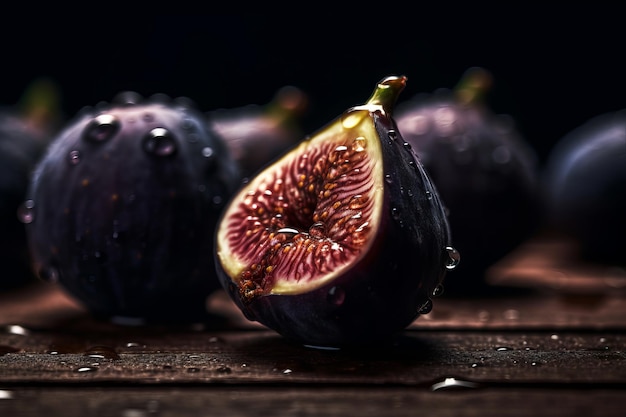 Figs on a wooden surface with the dark background