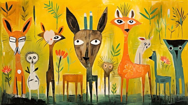 Figurative painting children's drawing concept animal family children's fantasy