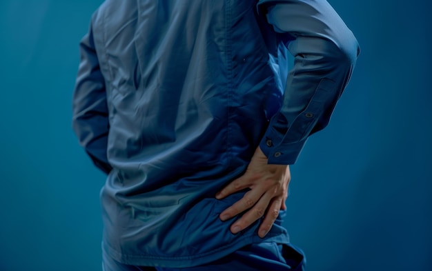 A figure in blue is shown gripping their lower back in pain The stark blue tone adds an intense clinical feel to the concept of backache