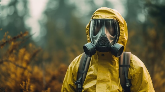 Фигура, одетая в дезактивационный костюм и маску, подчеркивает важность надлежащего защитного снаряжения во время очистки окружающей среды, сгенерированная ИИ.
