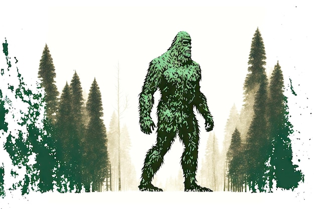 Photo figure of forest bigfoot on white background with fir trees