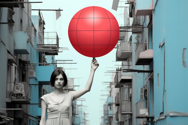 figure holding a red percentage in hand on urban background