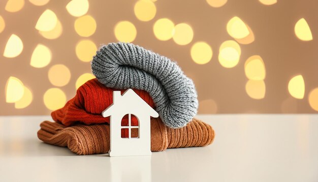 Photo figure of house and warm clothes on table against blurred lights concept of heating season