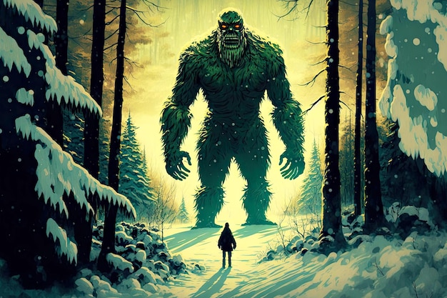 Figure of huge forest monster with bigfoot against background of winter forest created with generati