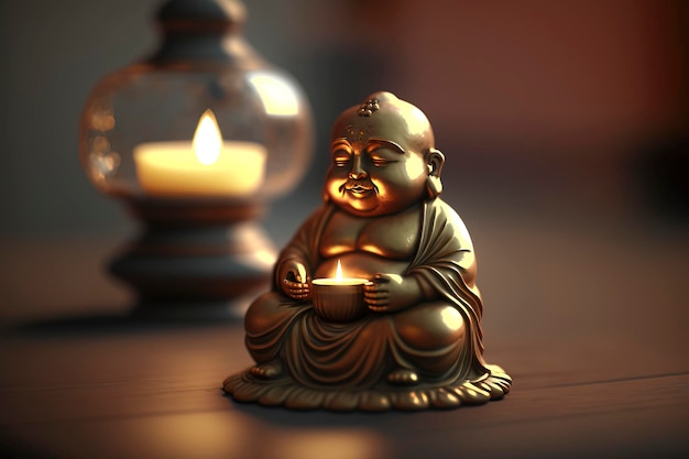 figure or image of Buddha in gold or gold on a wooden table illuminated by candlelight, zen image for relaxation created with Generative AI technology