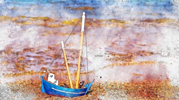 Photo figure of a lonely little boat by the sea artistic watercolor draw