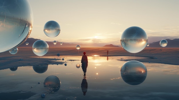 Photo the figure of a lonely man in a huge surreal world