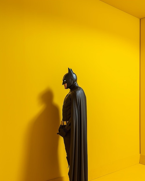 A figure of a man in a black cape stands against a yellow wall