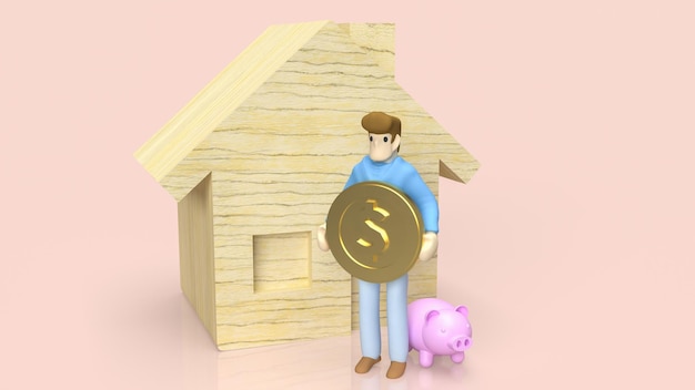 The figure man hold gold coin and wood house for property or building concept 3d rendering