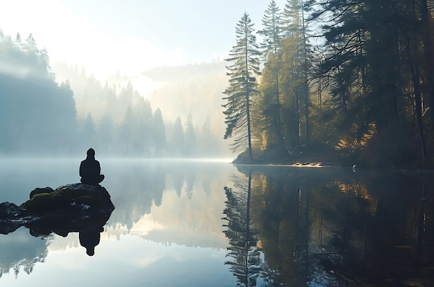 Figure of a man meditating in a quiet and beautiful place