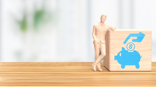 Фигура человека и деревянный куб для заработка или бизнес-концепции 3d-рендеринга