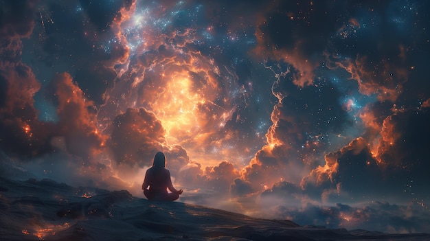 A figure meditates against a surreal backdrop of a cosmic nebula suggesting a profound connection