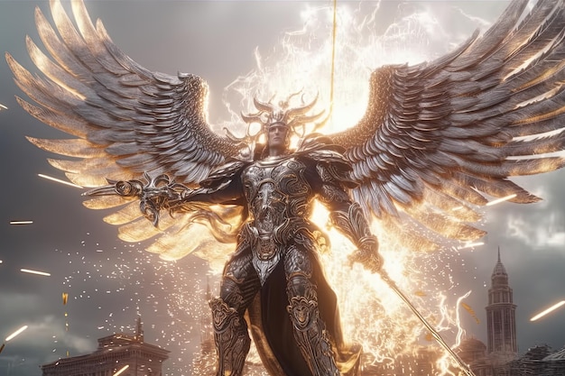 Figure of the mythical archangel Metatron prepared for the fight Generative AI