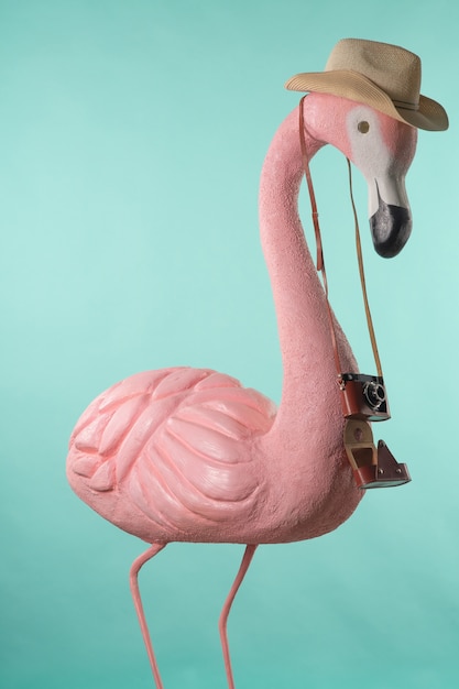 Photo figure of a pink flamingo tourist in a straw hat holding a camera