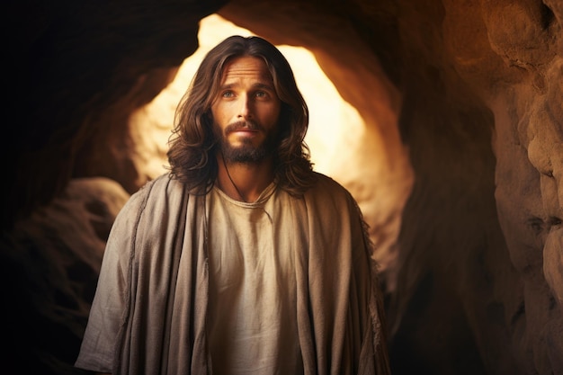 Photo a figure resembling jesus exits a cave concept of resurrection and hope