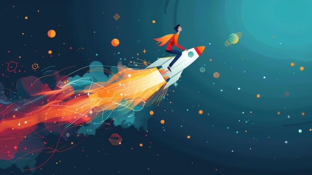 A figure riding a rocket dodging obstacles labeled with common startup challenges