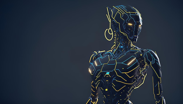 Figure of robot made of metal and electronic systems cyborg robot on dark background generative ai