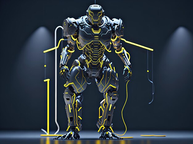 Figure of robot made of metal and electronic systems cyborg robot on dark background generative ai