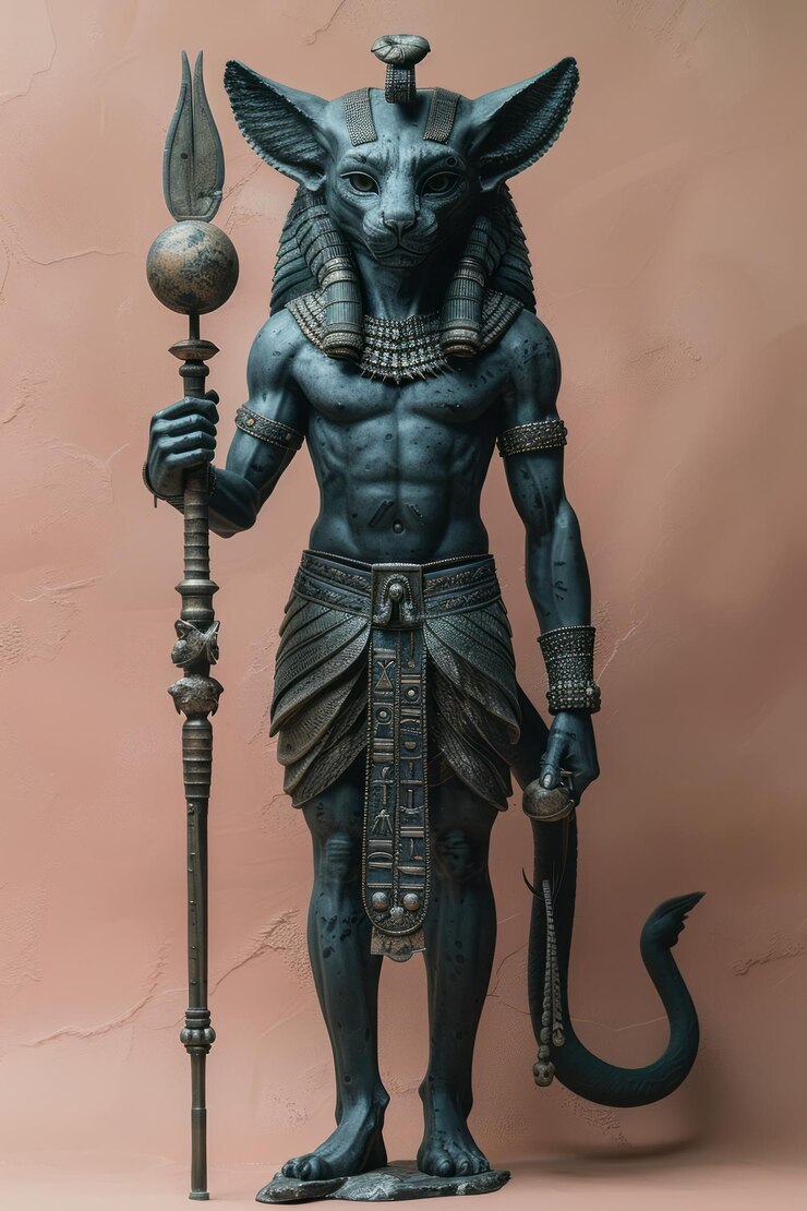 Photo a figure of set god of chaos and storms with a unique animal head and a spear in hand