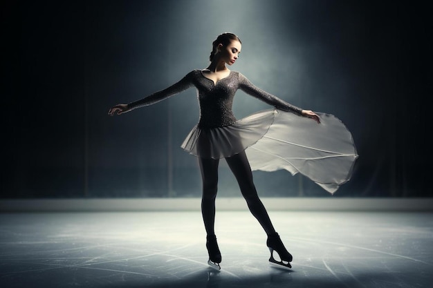 A figure skater on ice in the dark.