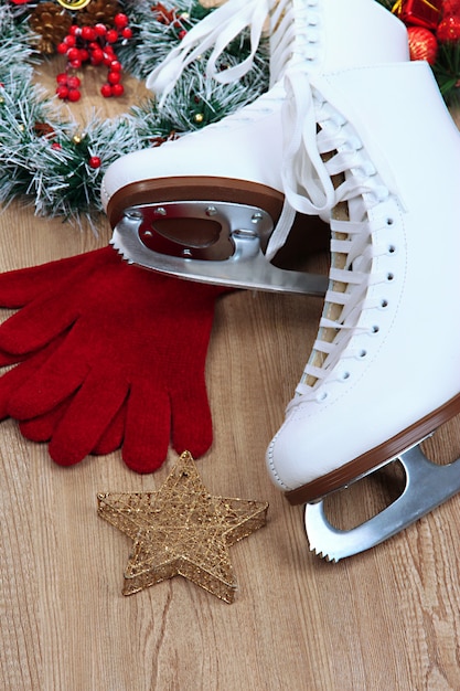 Figure skates on table close-up