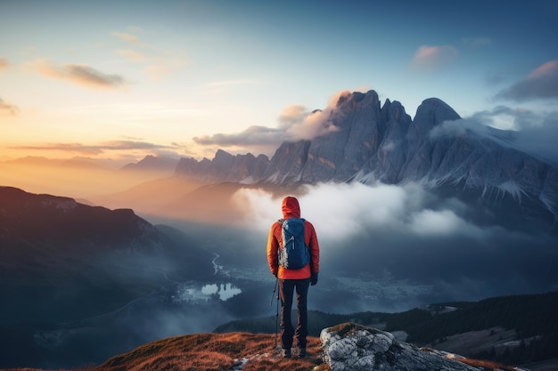 Figure Standing on Mountain Summit With Panoramic View of Scenic Landscape A lonely man enjoys the view of the summer mountains while he standing on a mountain peak AI Generated