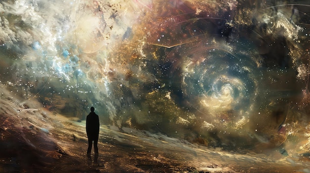 宇宙に驚きを感じる人物 宇宙の量子エネルギーの混乱を見て驚く