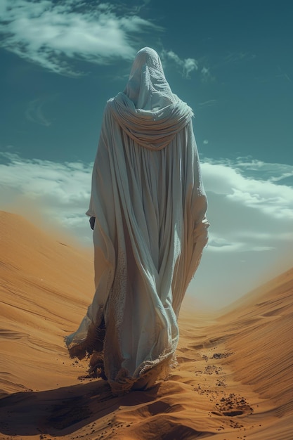 A figure in a white robe walks through the desert