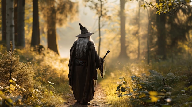 A figure in wizard attire walks down a forest path at sunrise