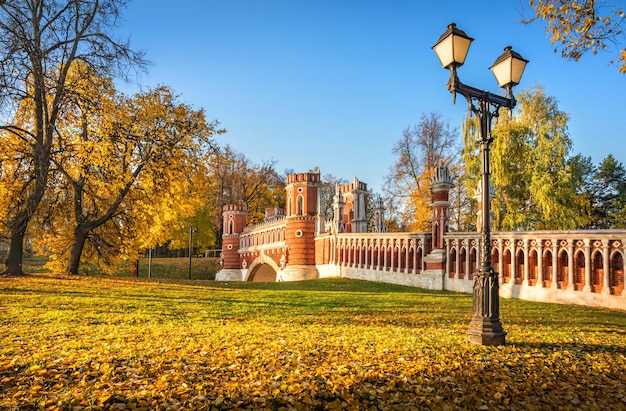 Figured bridge in Tsaritsyno in Moscow among autumn golden trees on an early sunny morning