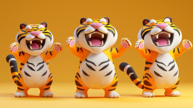 Photo figures showing a trio of openmouthed tigers leaping