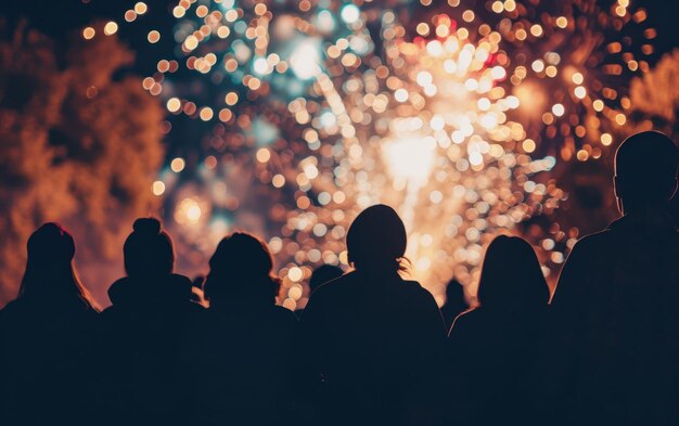 Figures in silhouette appreciating a fireworks spectacle