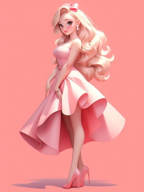 A figurine of a barbie doll with long hair and a pink dress