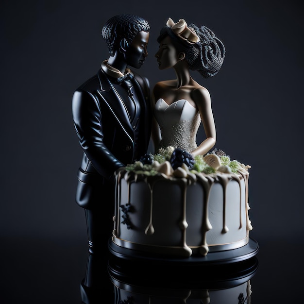 A figurine of a bride and groom on top of a cake.