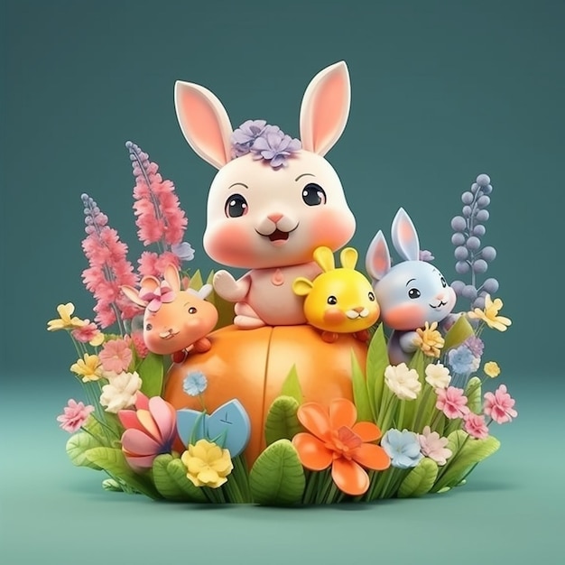 A figurine of a bunny and a flower arrangement.