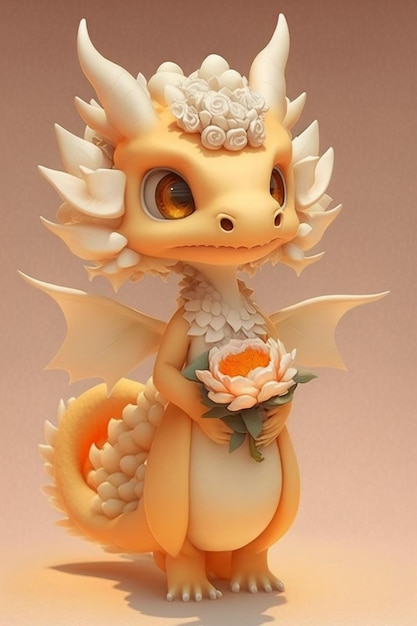 A figurine of a dragon with a flower on its head