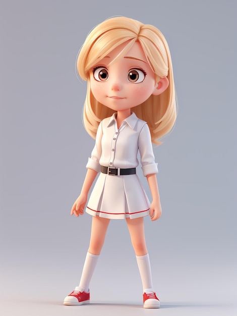 A figurine of a female character with a white shirt and white skirt.