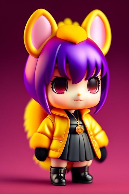 A figurine of a fox with a collar and a jacket that says fox on it.