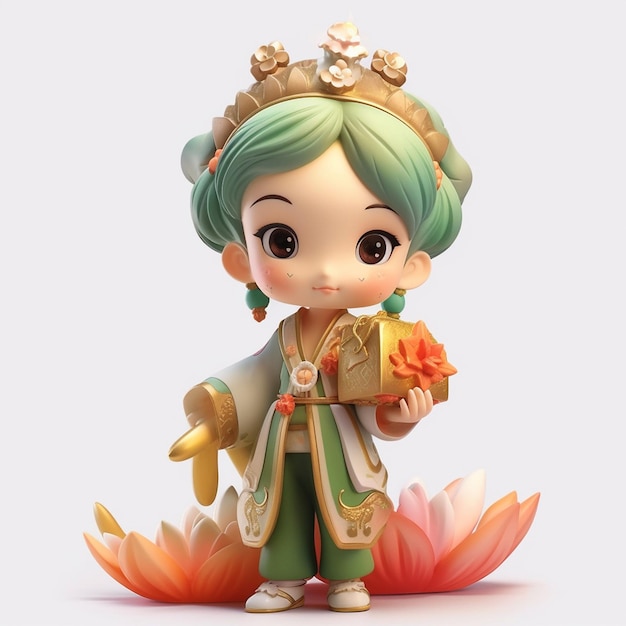 a figurine of a girl holding a box of flowers.