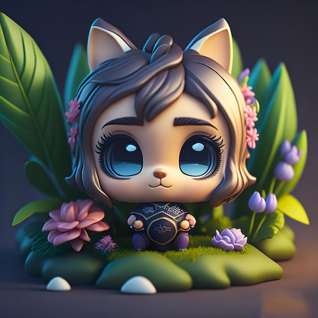 A figurine of a girl with big eyes and a cat in her hair.