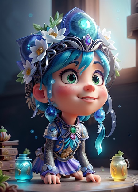 Photo a figurine of a girl with a blue hair and flowers on her head.