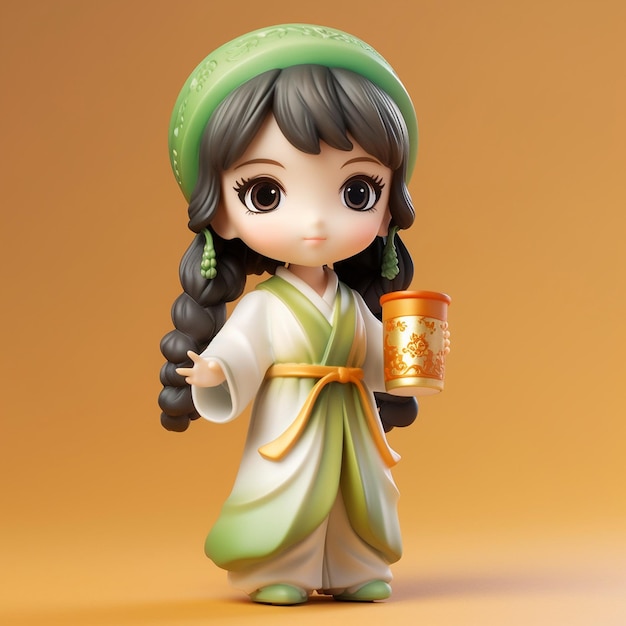 a figurine of a girl with a green hat and a gold sash.