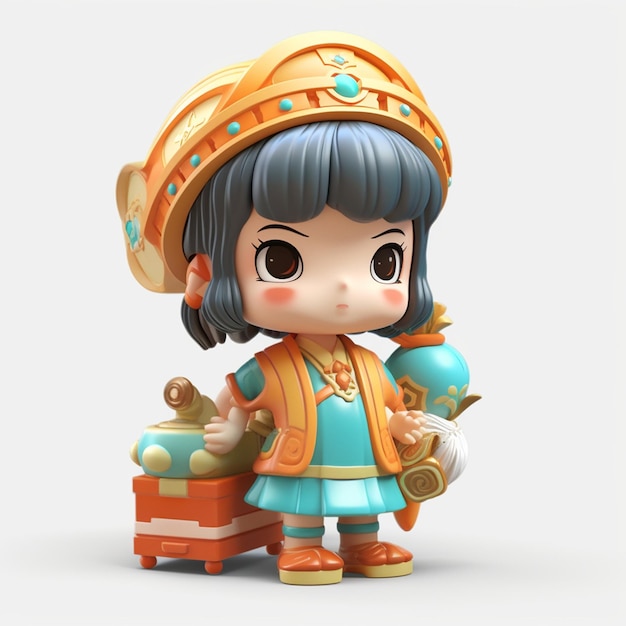 a figurine of a girl with a hat and a box with a box of gold coins.