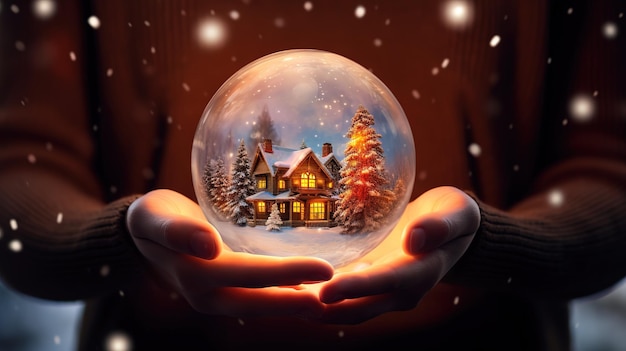 冬の風景と家を手にしたガラスのボールの像 2024年のクリスマス