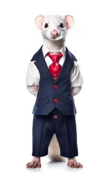 A figurine of a goat wearing a suit and a red tie.