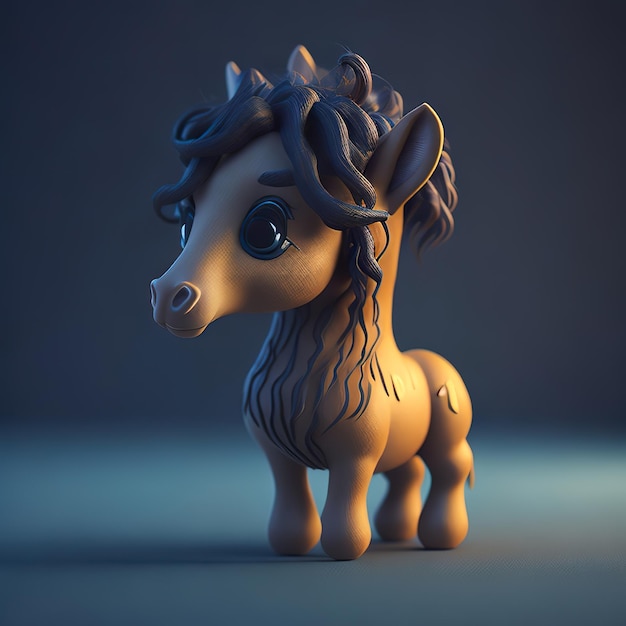 A figurine of a horse with curly hair and a blue background.