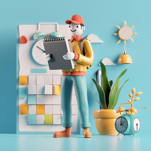 Photo a figurine of a man holding a pencil and a clock on the wall