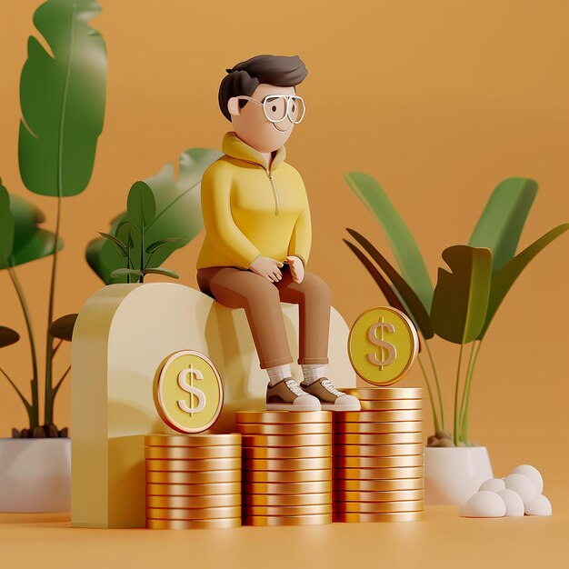 Photo a figurine of a man sitting on a cube of gold coins