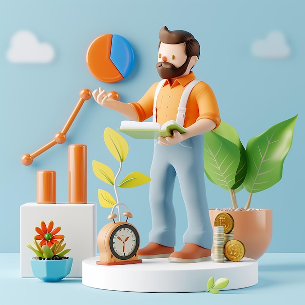 a figurine of a man with a clock and plants