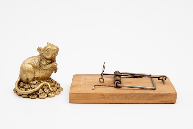 Figurine of a mouse near a mousetrap on a white background